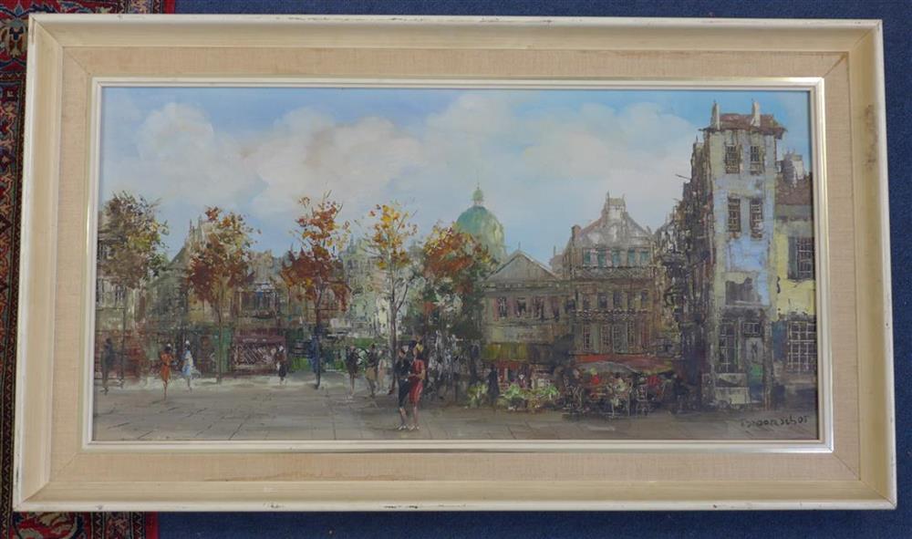 Theodorus van Oorschot, oil on canvas, Town scene, signed, 38 x 78cm and a French street scene by another hand, 45 x 60cm